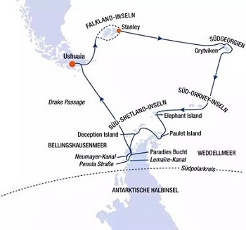 Reiseroute Antarktis-Expedition mit der MS Bremen